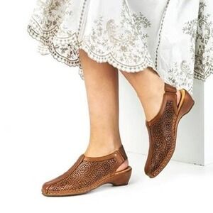 Pikolinos Romana Brandy Leather Laser Cut Slingback Heeled Shoes 10.5-11 Boho